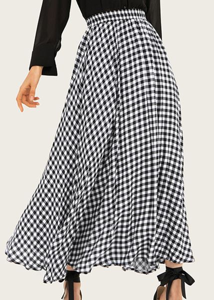 

women high waist plaid print a-line midi skirt, Black
