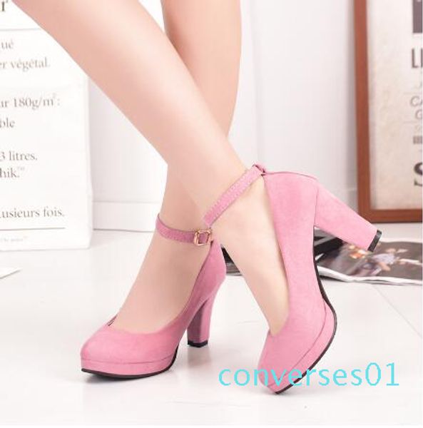

autumn high heels women pumps platform suede shoes women ankle strap thick heeled ladies shoes comfortable working shoes size34-42 co01, Black