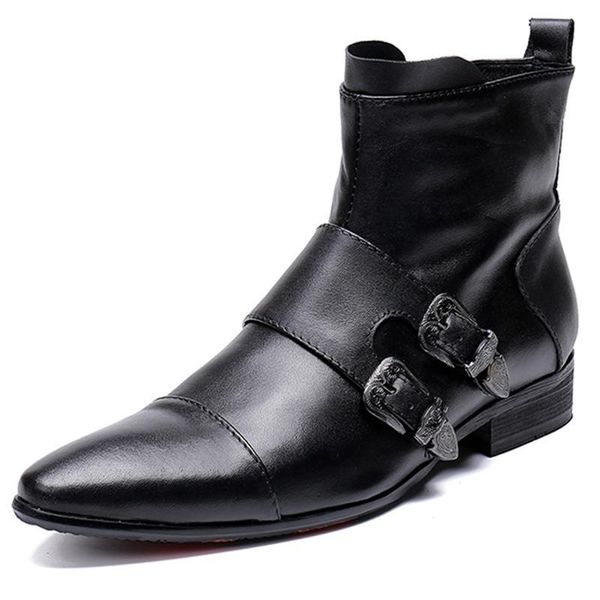 

men's fashion martin boots cowboy knight western motorcycle full grain leather casual british booties ankle handmade youth performance, Black
