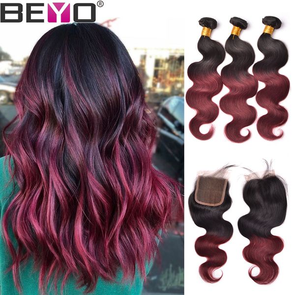 

ombre человеческих волос пучки с закрытие 1b / 99j body wave связки с 4x4 шнурок закрытие сырое девственницы индийский выдвижения волос beyo, Black;brown