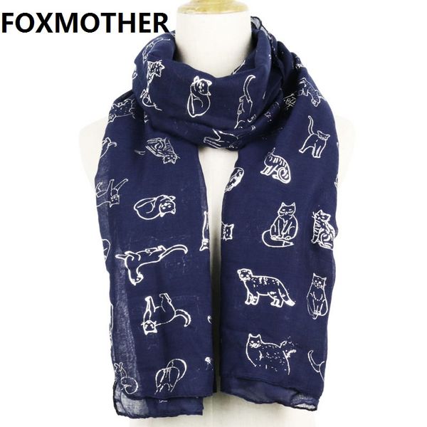 

foxmother ladies cute cat foil print scarf wrap shawl travel women female black navy scarf autumn winter shawls hijab, Blue;gray