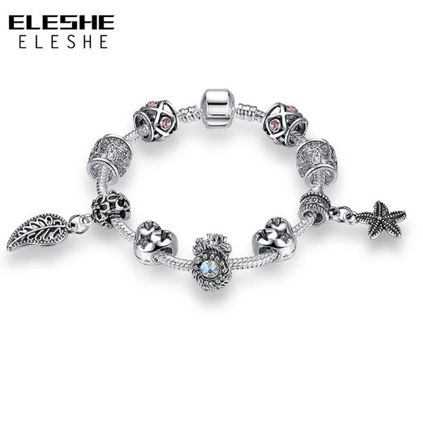 

fans seckill antique silver charm bracelet & bangle with feather leaf and sea starfish beads bracelet women wedding jewelry, Golden;silver