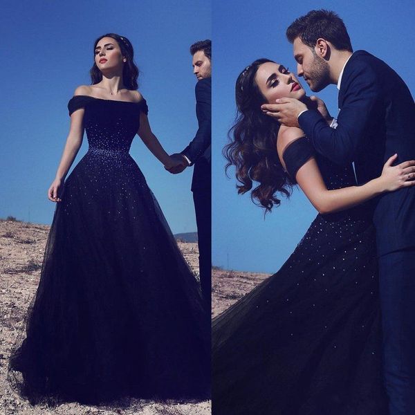

2019 new navy blue off shoulder prom dresses backless vestios de fiesta beaded elegant dubai evening dresses elegant a-line party gowns, Black
