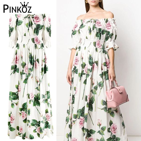 

pinkoz fashion designer dress summer women's dress elastic waist rose floral-print vacation rose flower party bow chic dresses, White;black