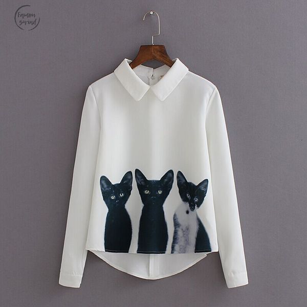

марка блуза мода cat нового мультфильм шифон женская сыпучий шифон три кошка топы длинного рукав повседневной осени рубашка высокого качеств, White