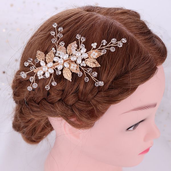 

bridal headpiece leaf flower crystal pearl wedding hair combs for pearl women bride headdress hair combs styling accessories, Golden;white