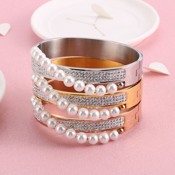 

элегантный имитация pearl шарм браслет для женщин из нержавеющей стали розовое золото / серебро кубический циркон браслет regalos para mujer, Black