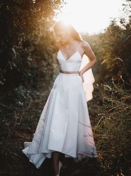 

two piece spaghetti straps wedding dresses high low beach ball vestido de novia formal a-line plus size wedding dress bridal gown, White