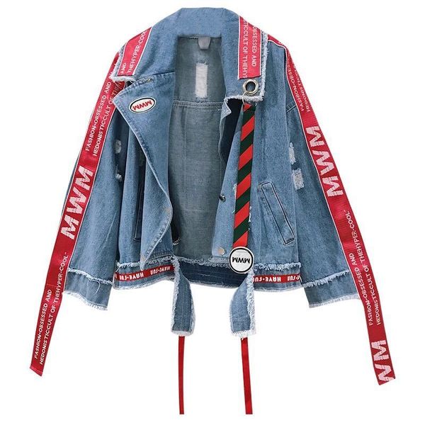 

denim jacket women spring autumn new hole turn down collar embroidery letter jeans coat loose, Black;brown