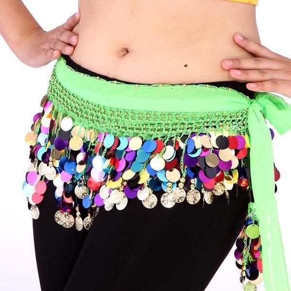 

colorful sequin belly dance hips scarf chiffon skirt wrap gold coin waist belt, Black;red