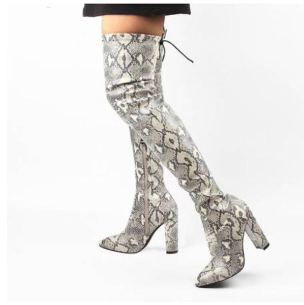 

womens pointed toe over knee thigh boots python snake pattern mixed colors side zipper block chunky heels shoes fashion c964, Black