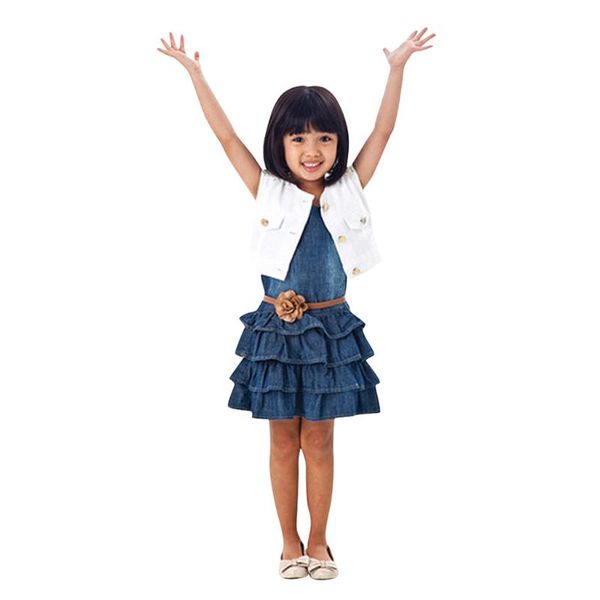

fashion new baby girl clothes summer ruffle vest jeans dress+jacket outfits fashion girls clothes suit casual dot outfits, White