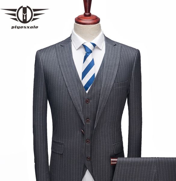 

plyesxale business stripped suits men 2019 slim fit men's 3 piece wedding suits black dark blue gray formal dress suit man q167, White;black