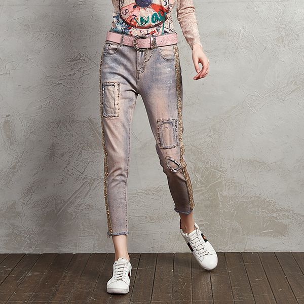 

jeans girls embroidery gold-stamped elastic slender short-legged trousers, Blue