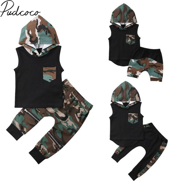 

2018 brand new newborn infant kids baby boys hooded t-shirt+camo pants 2pcs outfits clothes set casual patchwork pocket set, White