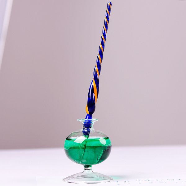 

glass pen, color ink, water pen, signature comic book, color glass water pen holder, pen holder, holder, Blue;orange