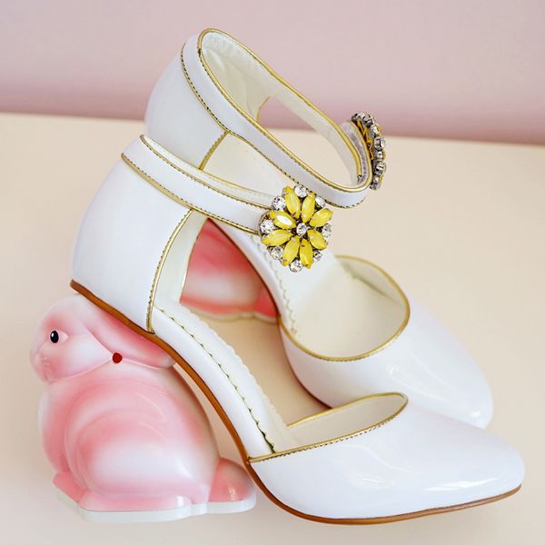 

new womens pointed toe high irregular cartoon heels rhinestones crystal buckle shoes fashion pumps white c803, Black