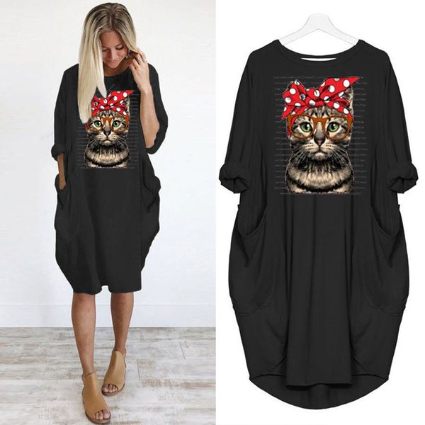 

fashion cartoon cat women oversized dress autumn loose casual pullover dresses girls long sleeve knee length print vestido new, Black;gray