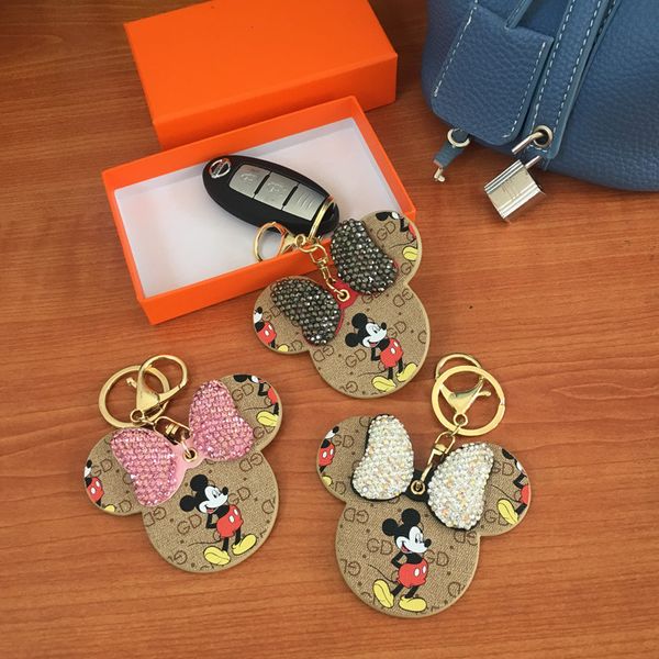 

rhinestone luxury designer keychain animal print bow pu leather bag pendant charm girls car keyring holder fashion cute women key ring chain, Slivery;golden