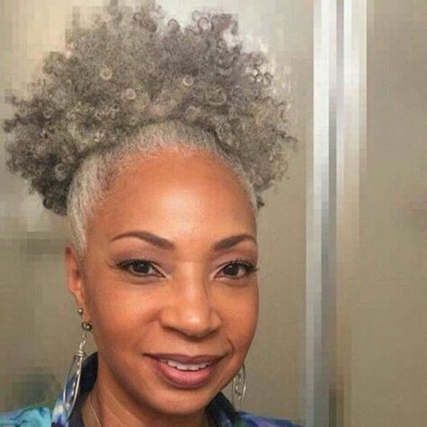 

style afro puff short ponytail kinky curly buns grey hair chignon hairpiece clip in bun of gray hair ponytails, Black