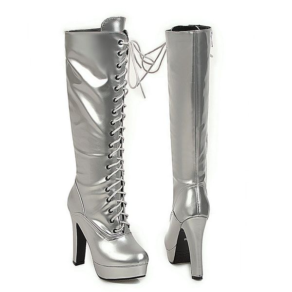 

fashion patent leather knee high boots women sqaure high heel long boots platform lace up autumn winter female black gold