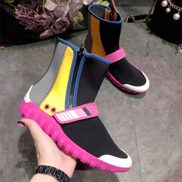 

sneakers women zapatos de mujer square toe shoes woman mixed colors sneakers side zipper shoes elastic breathable leisure, Black