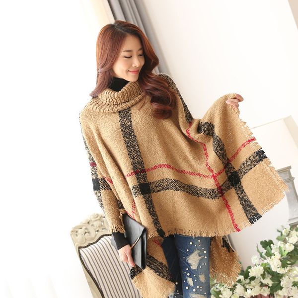 

womens dress ponchos boho loose tassel plaid poncho turtleneck jumper knit oversized pullover sweater for women, Blue;gray