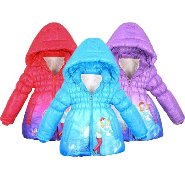 

3-9 year winter girls jacket thick warm cinderella snow white and prince hooded coats for girls kids outerwear children clothes, Blue;gray