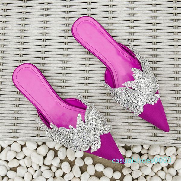 

ystergal black satin women slippers pointed toe mules crystal flat shoes woman loafers outside footwear ladies flats dress shoes c03