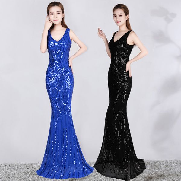 

evening dressses v-neck sleeveless women party dress 2019 backless sequins robe de soiree floor length evening gown c163, White;black