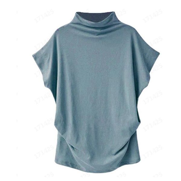 

women's autumn casual loose irregular stitching solid color high-necked short-sleeved shirt pullover, White;black