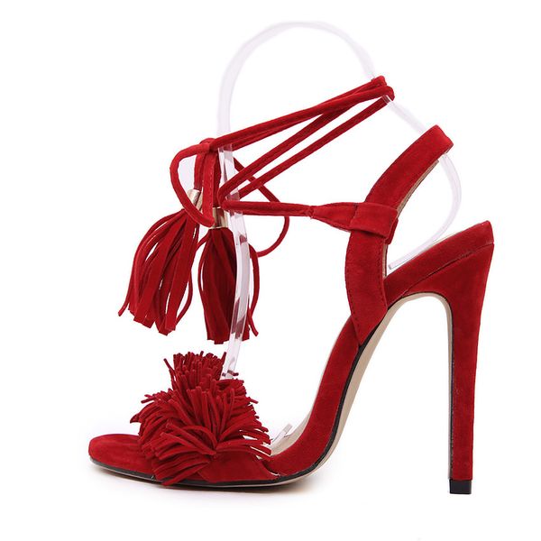 Sıcak Sale-MoBeiNi Newwomen yüksek topuklu sandalet ayakkabı kadın bayanlar parti gelinlik moda püskül lace up stilettos ayakkabı boyutu 35-40