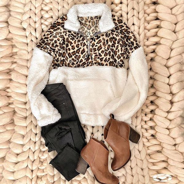 

women's long sleeve fleece winter coat jacket warm soft leopard patchwork zipper warm casual jumper pullover 2019 new, White;black