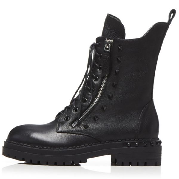 

2020 latest model women ankle boots fashion genuine leather boots round toe lace up female flat platform booties, Black