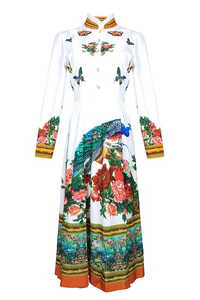 

european and american women's dress 2019 summer new style long sleeve collar fashionable peacock peony print dress, Black;gray