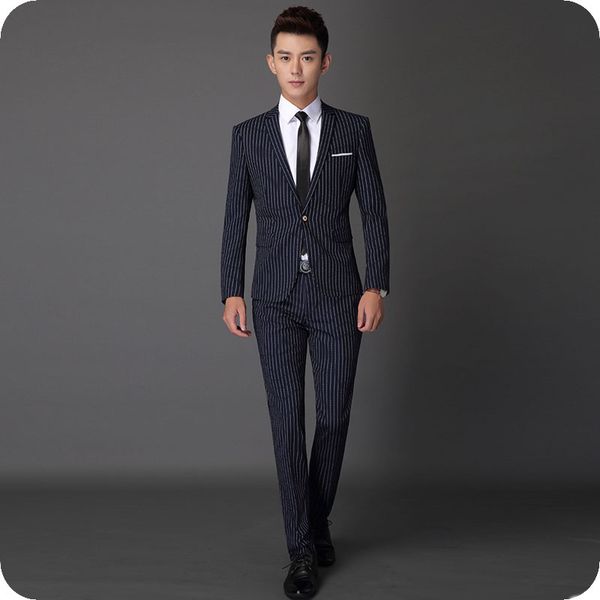 

navy blue prom suits groom tuxedos pinstripe mens wedding suits slim fit terno masculino costume homme man blazers 2piece coat pants, Black;gray