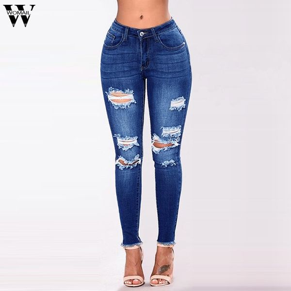 

womail jeans for womens mom mid waist stretch pants casual solid pocket denim hole pencil pants female jeans pencil, Blue