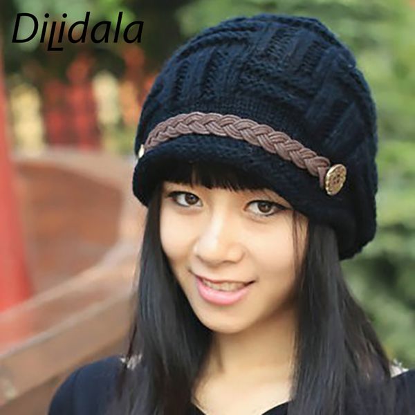 

dilidala korean style knitted wool hat for women winter fashion crimping belt warm hat all-match plain weave earmuff 2019, Blue;gray