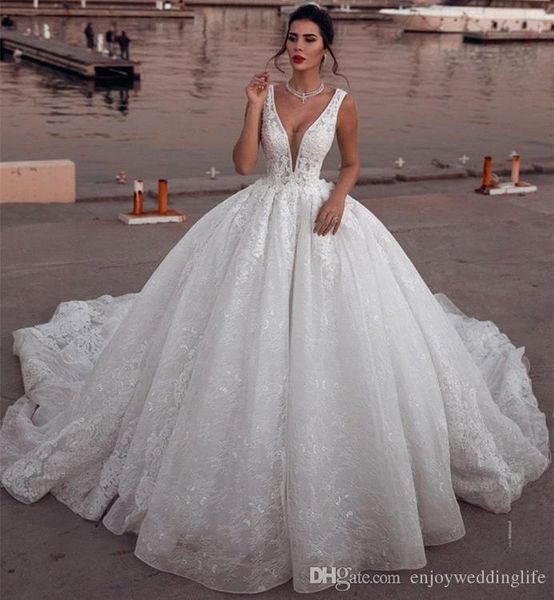 

ivory full lace deep v neck wedding dresses 2019 arabic vintage lace appliques sequins chapel long train wedding bridal gowns bc1993, White
