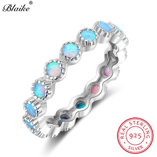

blaike genuine 925 sterling silver rainbow fire opal ring women fine jewelry round blue birthstone wedding bands, Golden;silver