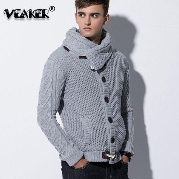 

2018 men winter knitted sweatercoat turtleneck sweaters male slim fit cardigan horn button sweater coat scarf collar knitwear, White;black