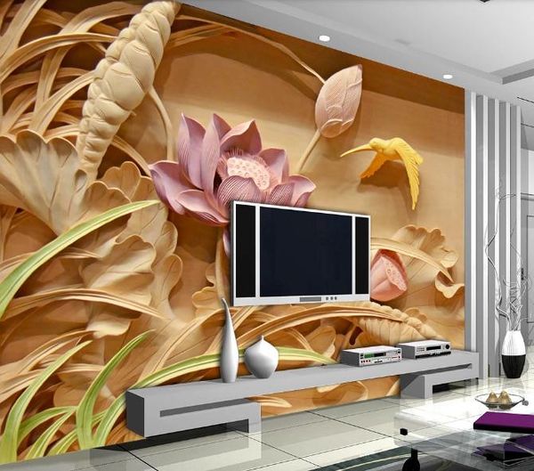 

custom 3d p wallpaper mural hand painted woodcarving lotus mural wall mural living room home decor painting wall paper