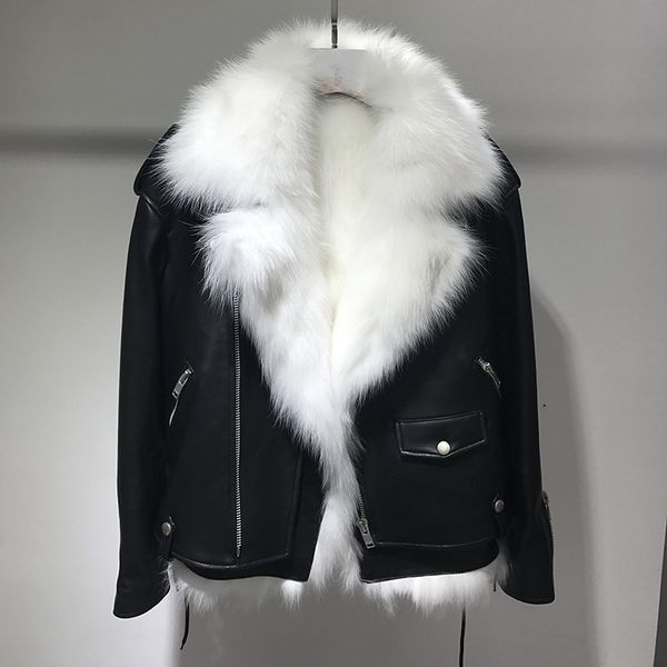 

2023 new women winter white jacket rea genuine leather fox fur vest black real leather motorcycle jackets short outerwear slim streetwear co, Black;brown