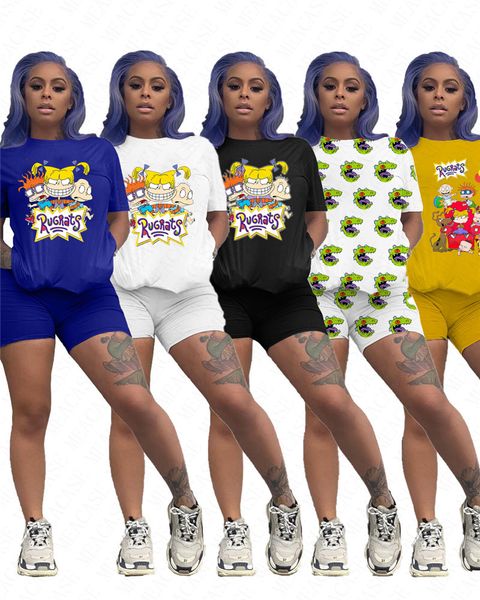 

cartoon women's tracksuit letter printed summer shorts sets t-shirts + biker shorts two pieces sports suit designer casual outfits d623, White