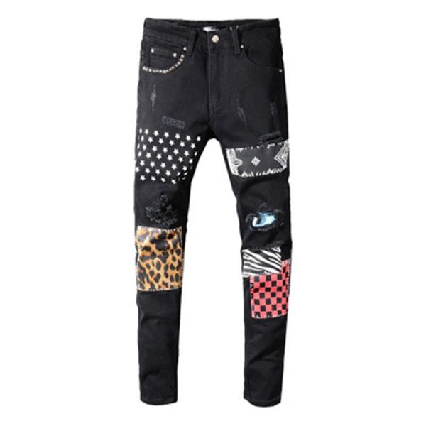 

мужские звезды печатные леопардовые лоскутные заклепки узкие джинсы светло синие дыры рваные узкие стрейч джинсовые брюки брюки для молодых, Blue