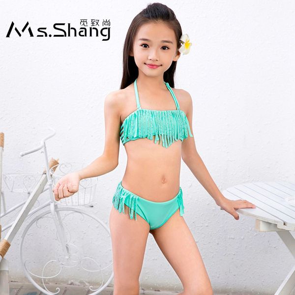 

ms.shang 7-16 years girl child swimsuit halter children swimwear girls bikini set rhinestone tassel baby kids swim suit 2019