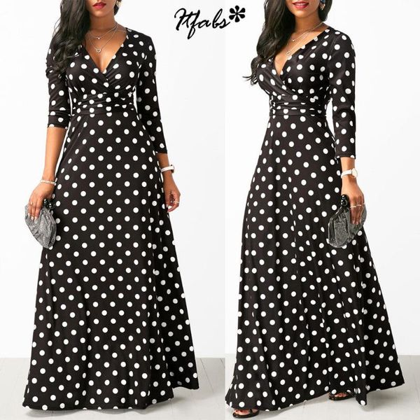 

women long maxi dresses bohemia v-neck three quarter sleeve dots print ethnic summer beach female stylish style dress, Black;gray