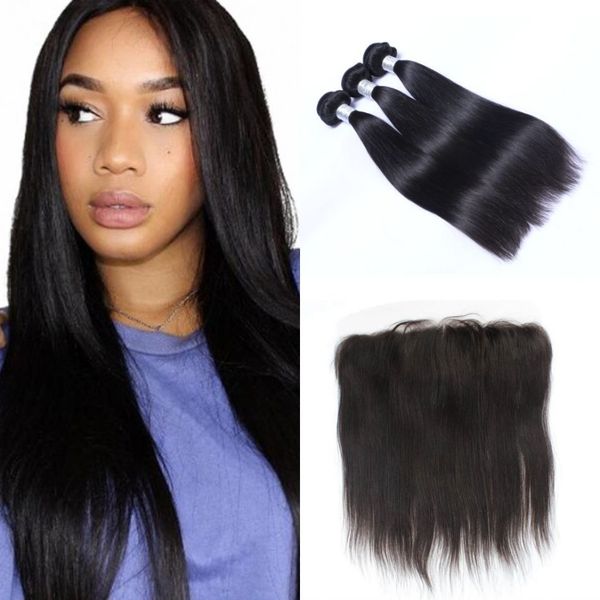 

brazilian virgin hair bundles with lace frontal straight human hair extensions with ear to ear lace closure 13x4, Black;brown