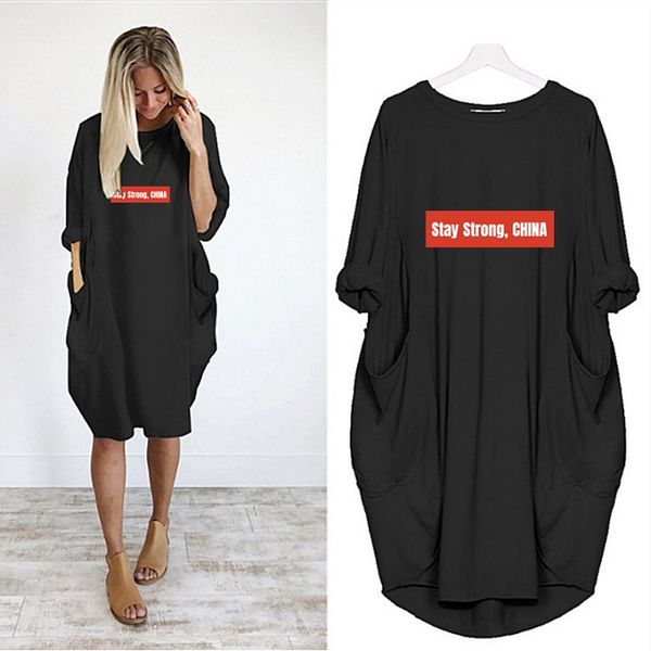 

designer women dress 2020 spring european and american cross-border women stay strong china letter print women's, Black;gray