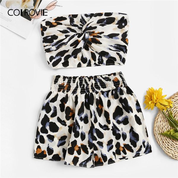 

colrovie leopard print twist front crop bandeau with shorts two piece set 2019 summer streetwear women 2 piece outfits, White